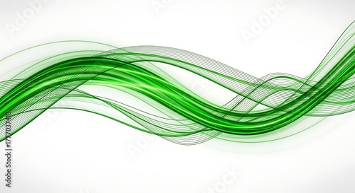 Dynamic vibrant green energy waves flow across clean white background