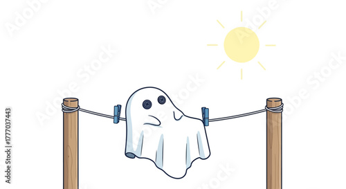 Cartoon ghost costume hanging on a clothesline with clothespins, under the sun, isolated on white.