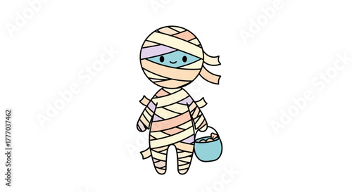 A cute cartoon mummy character with a pastel color palette, holding a bucket full of candy.