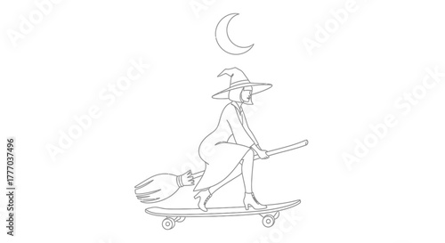 A witch wearing a hat is riding a skateboard instead of a broomstick, with a crescent moon above her.
