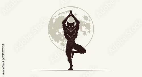 Silhouette of a wolf-like figure performing a tree pose in front of a full moon, with hands in prayer position.