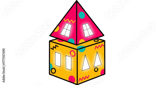 Colorful cartoon house illustration with a cube base and pyramid roof, decorated with geometric shapes and windows.