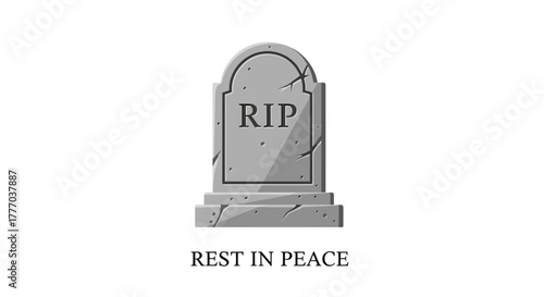 A gray tombstone with "RIP" engraved on it, resting above the words "REST IN PEACE" against a white background.