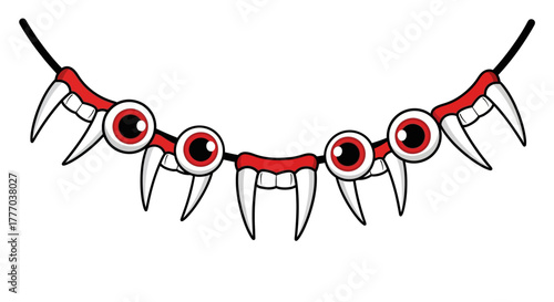 Cartoon illustration of a necklace with red eyes and sharp fangs, strung together with black cord, isolated on a white background.