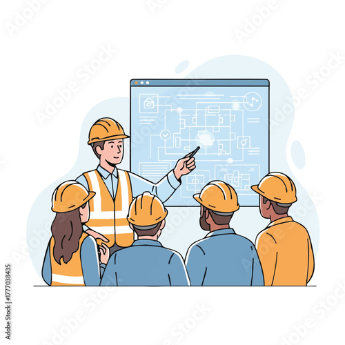 A construction foreman presents a blueprint to a team of engineers during a project meeting, ensuring effective communication and collaboration.