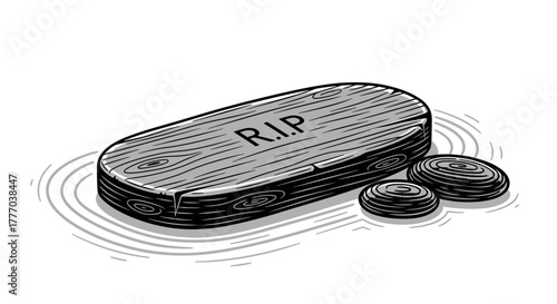 A stylized illustration of a wooden grave marker with "R.I.P" inscribed, accompanied by two small stones.