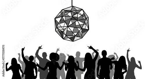 Silhouetted figures dance under a hanging disco ball, celebrating and enjoying a party atmosphere.
