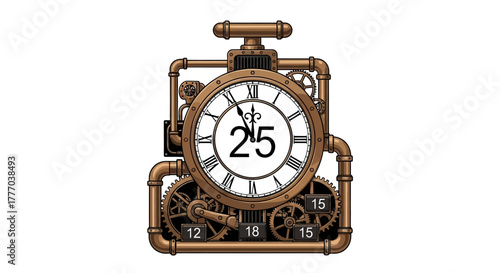 Steampunk-style clock illustration featuring Roman numerals, gears, pipes, and a digital display showing the number 25.
