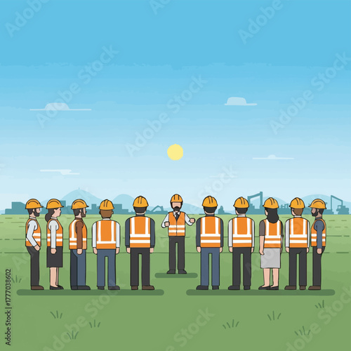 A construction foreman addresses a group of workers on a green field, with a blue sky and construction equipment in the background.