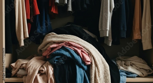A cluttered wardrobe with clothes piled high.  A variety of colors and types of clothing are hanging and piled on a shelf.  Disorder in a home