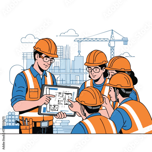 A team of construction workers reviews blueprints on a tablet, discussing project details and plans at the construction site.