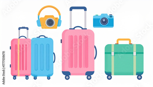 Bright Pastel Flat Icons of Leisure and Travel Gear Set