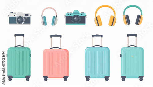 Bright Pastel Flat Icons of Leisure and Travel Gear Set