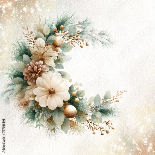 Elegant Christmas floral crescent with white flowers, pine branches and golden ornaments, soft pastel winter decoration, luxury festive design
