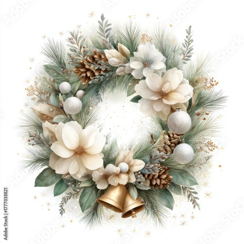 Elegant Christmas wreath with white flowers, pine branches and golden bells, festive winter decoration, soft pastel holiday design
