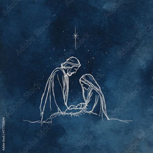 Simple nativity illustration with holy family outline under starry night sky, minimalist christmas artwork, peaceful religious holiday design
