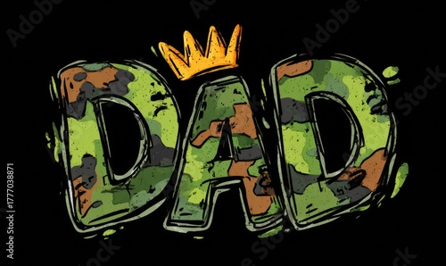 Camo DAD text with golden crown on black background, strong masculine design, military style graphic for father’s day or family concept art
