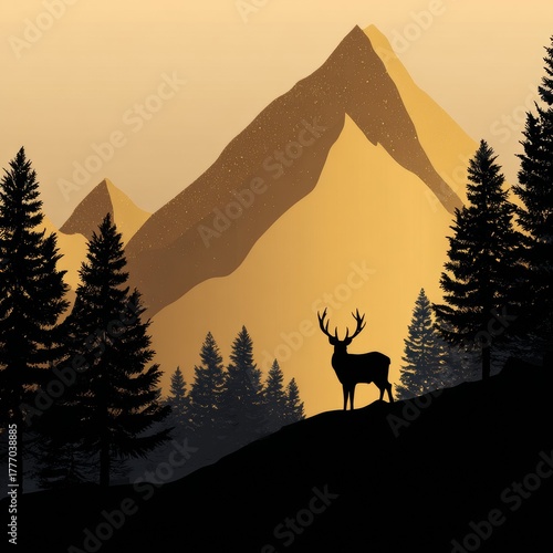 Silhouette of deer standing on hill with pine trees and mountain peaks at golden sunrise, peaceful wilderness landscape, nature adventure scene
