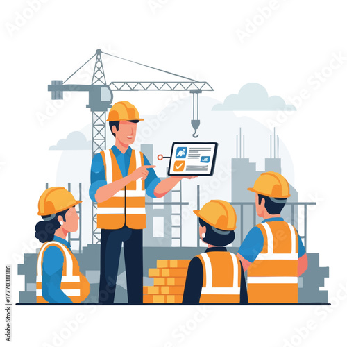 A construction team reviews project details on a tablet, with a crane and building site in the background, discussing progress.