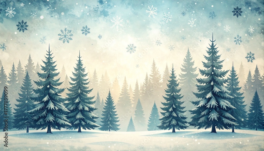 Obraz premium Winter Pine Forest Landscape with Snowflakes