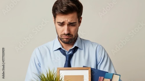 A man, crestfallen and dressed in business attire, carries a box of personal belongings