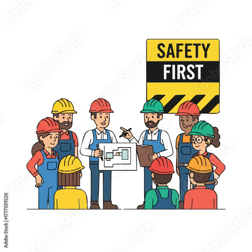 A construction team gathers for a safety briefing, reviewing plans and prioritizing workplace safety with a focus on protection.
