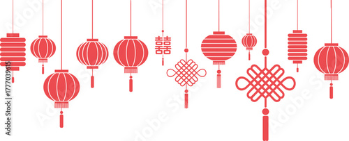 Minimalist red Chinese lanterns illustration, hanging festive decorations for Lunar New Year celebration, traditional Asian holiday cultural ornament design