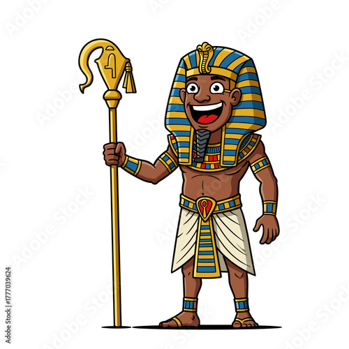 Smiling cartoon Egyptian Pharaoh in royal regalia holding a golden scepter on an isolated white background.