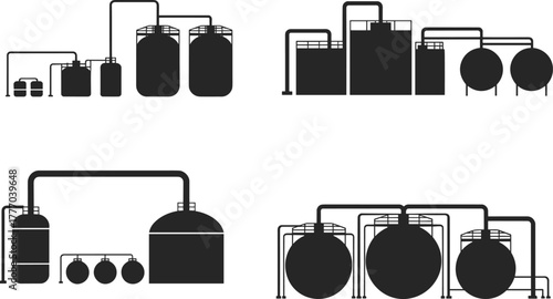 Black and white industrial illustration of chemical storage tanks and processing units, factory equipment design for manufacturing and engineering facilities
