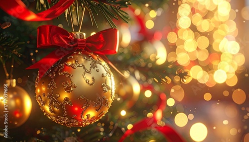 Christmas Ornament Golden Bauble with Red Bow on a Festive Holiday Tree, Bokeh Background