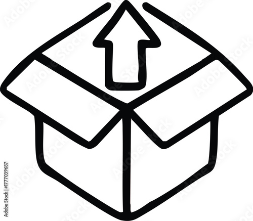 Hand-drawn doodle of an open package with an upward arrow, symbolizing upload, export, or shipping services, ideal for web icons and application interfaces