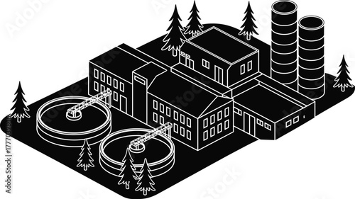 Black and white isometric illustration of industrial water treatment plant with buildings, tanks, chimneys, and trees, environmental engineering facility