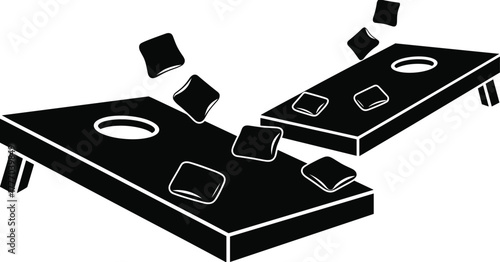 Black and white silhouette illustration of cornhole boards with bean bags flying through the air during a backyard game