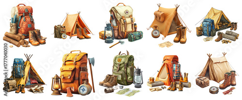 Camping Gear and Equipment Collection for Outdoor Adventures, PNG bundle collection, Isolated on Transparent Background