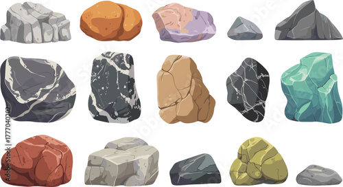 Collection of various cartoon rock and stone illustrations in diverse colors and shapes for nature, landscape, and game design