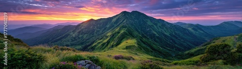 Breathtaking sunrise over green mountains showcasing vibrant colors concept. Breathtaking sunrise over lush green mountain landscape.