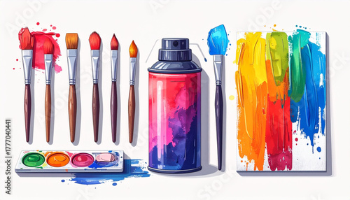 Vivid Rainbow Flat Icons of Creative Art Supplies Set