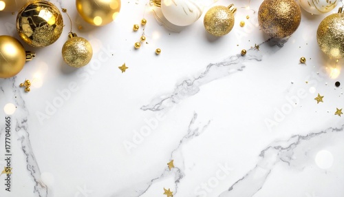 Festive holiday background with elegant golden Christmas baubles, star confetti, and bokeh lights on a white marble texture with copy space