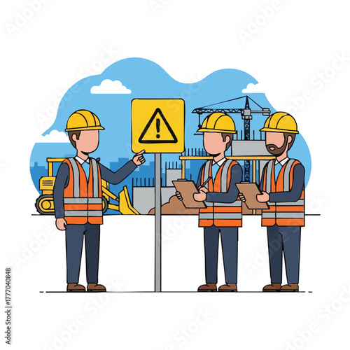A construction site supervisor points to a hazard sign while overseeing a team of construction workers wearing safety vests and helmets.