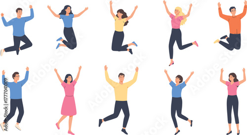 Flat 2D illustration of happy people jumping with joy, celebrating success, teamwork, positivity, and cheerful lifestyle concept design