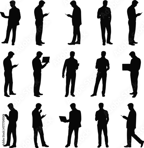 Set of businessman silhouettes using laptop and smartphone, digital communication and productivity concept on white background