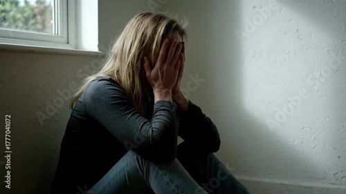 Despairing Woman With Head In Hands Sits Against Wall Near Window In Dim Light Wearing Gray Long Sleeve Shirt and Blue Jeans for Depression Anxiety Mental Health Awareness and Suicide Prevention
