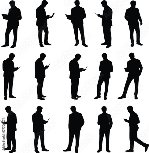 Set of businessman silhouettes using laptop and smartphone, digital communication and productivity concept on white background