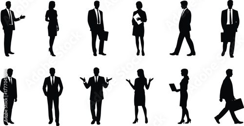 Set of businesspeople silhouettes in different poses, teamwork and leadership concept, professional office illustration on white background