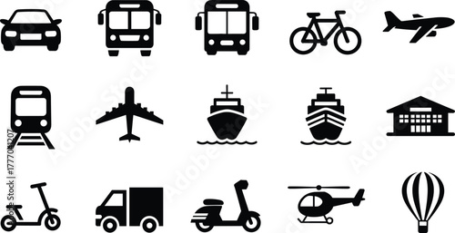 Set of fifteen black and white transportation icons featuring car, bus, bicycle, airplane, ship, train, scooter, helicopter, and balloon