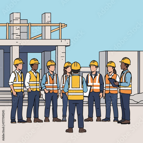 A construction foreman addresses a diverse group of workers, discussing project plans near a building site on a sunny day.