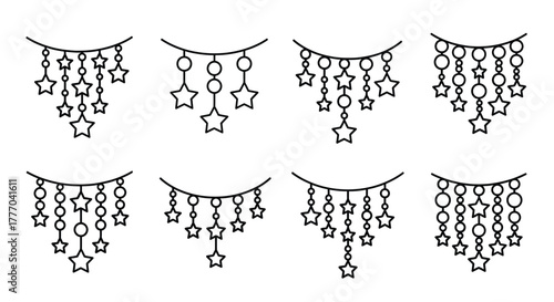Line art designs featuring star and circle shaped hanging decorations