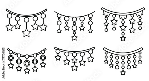Decorative line art designs featuring star and circle shaped hanging ornaments