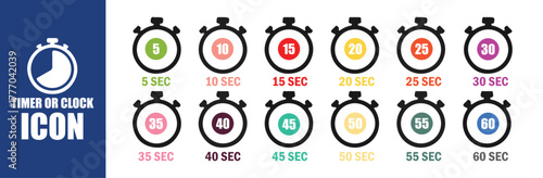 Set of Colorful Stopwatches and Timers, Countdown Clock Icons from 5 to 60 Seconds