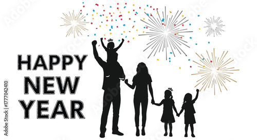 Happy new year celebration with a silhouetted family watching fireworks display